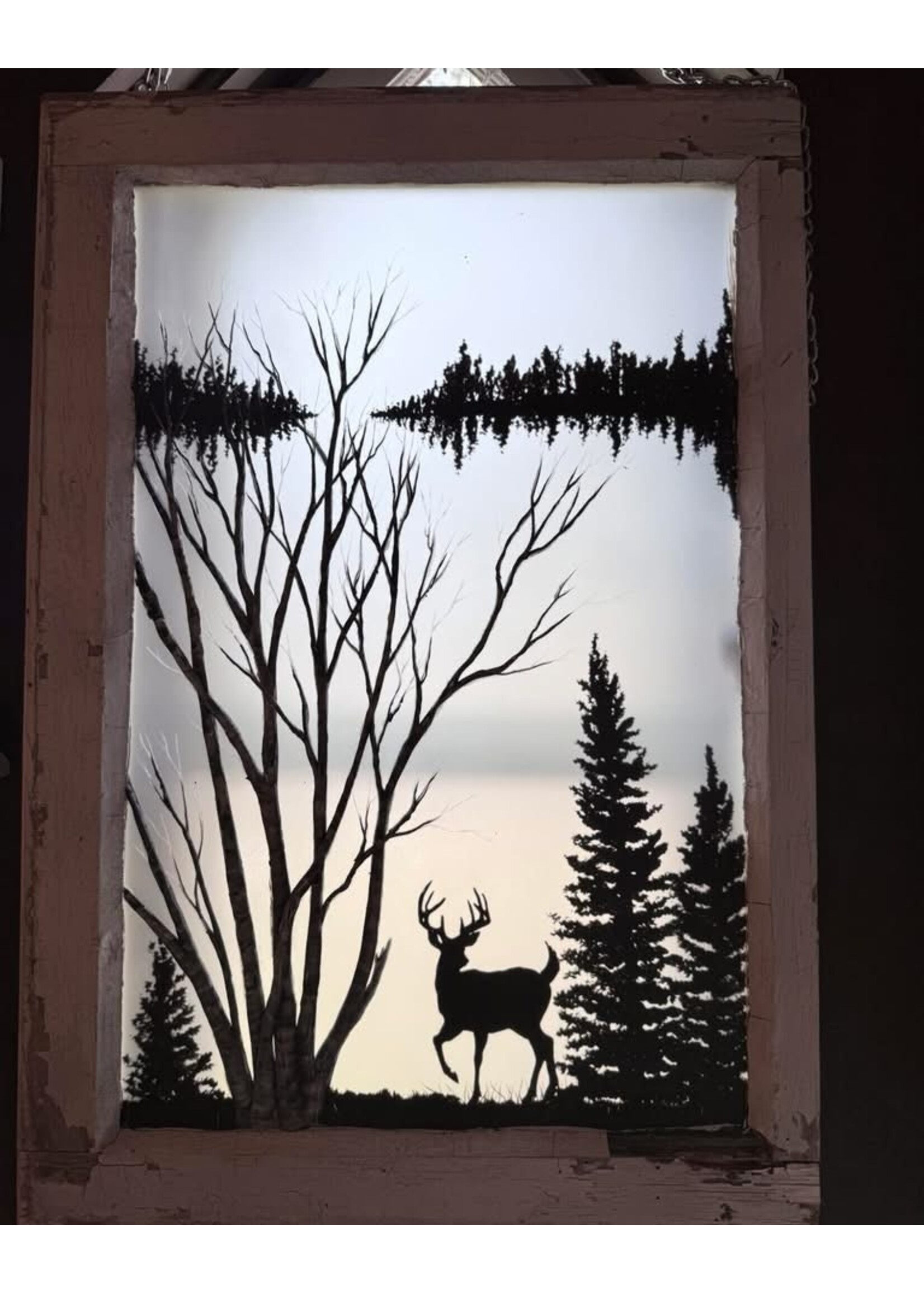 Diana Jenkins Vintage Hand Painted Window. Buck w Birch 19” x 28