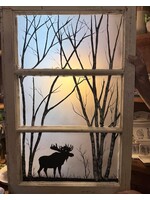 Diana Jenkins Vintage 3 Pane Hsnd Painted window w Moose/Birch 19” x 30”