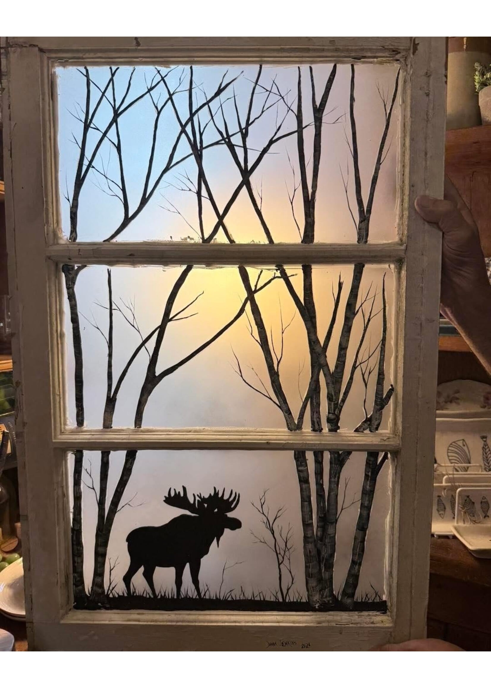 Diana Jenkins Vintage 3 Pane Hsnd Painted window w Moose/Birch 19” x 30”