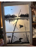 Diana Jenkins Vintage Hand Painted Window w Loons 19”  x 30”