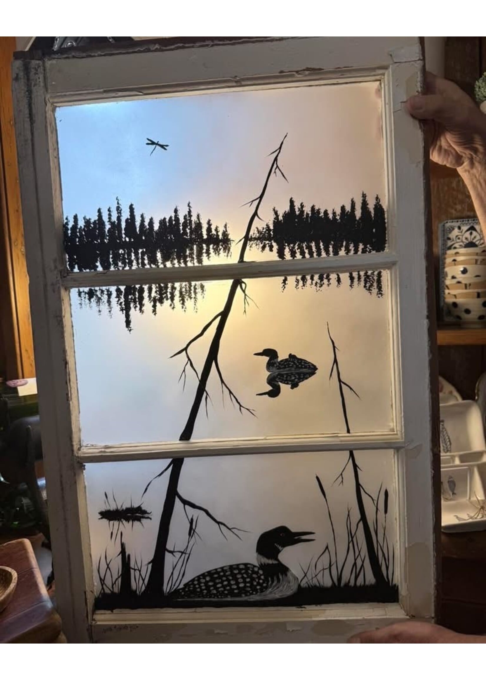 Diana Jenkins Vintage Hand Painted Window w Loons 19”  x 30”