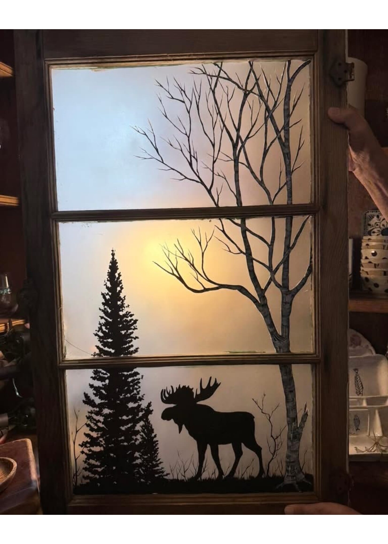 Diana Jenkins Vintage Hand Painted Window W Moose & Birch