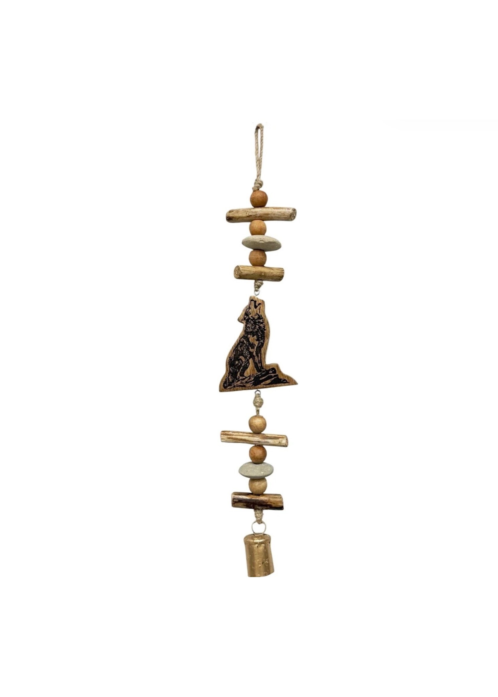 Driftwood Bell Chime - Wolf Howling Engraved Natural 18"