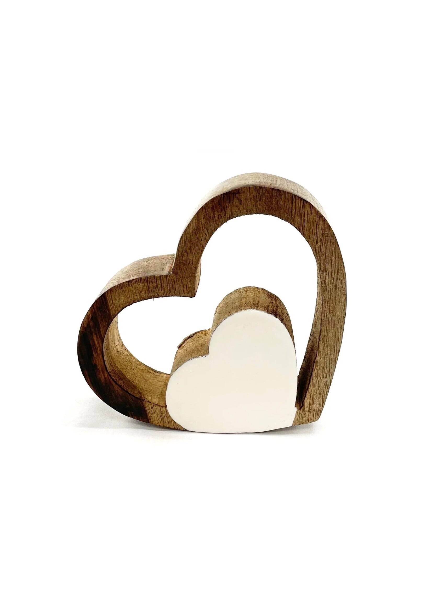Mango Wood Standing Double Heart - White Enamel 6"