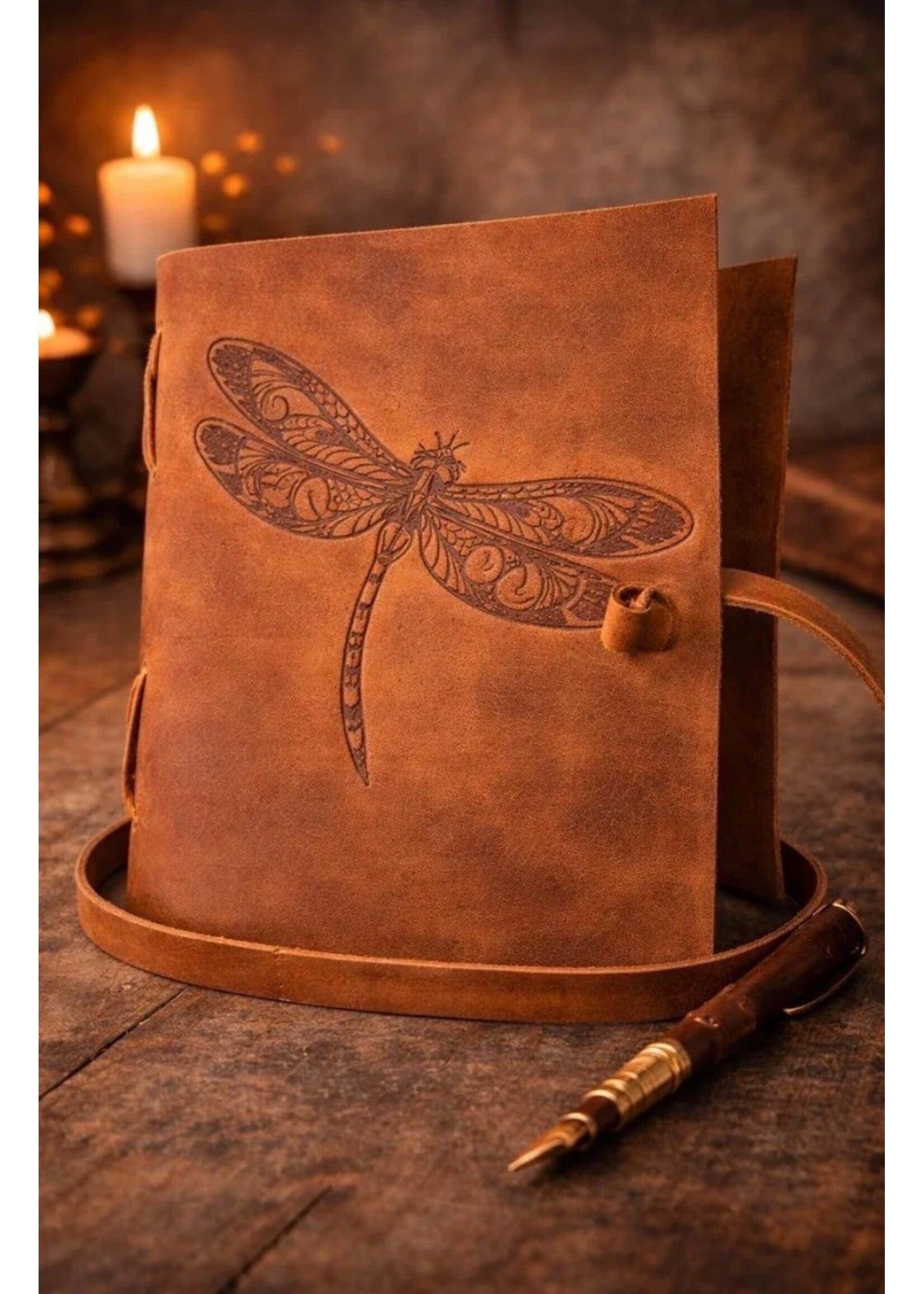 Leather Journal Notebook - Oil Tanned Dragonfly Vintage Deckled Edge Paper