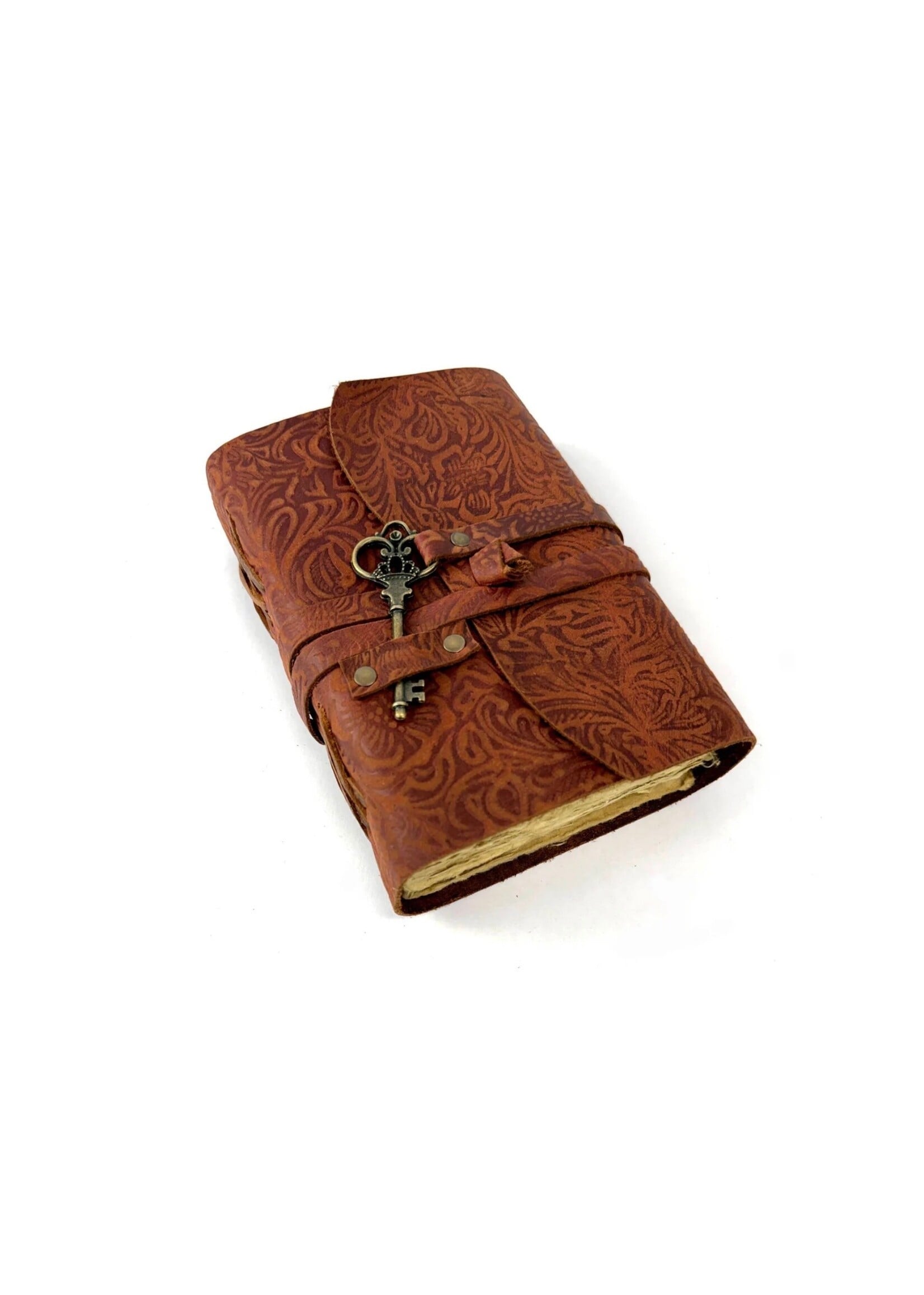 Leather Journal Notebook - Oil Tanned Rust Embossed w/ Key Vintage Deckled Edge Paper