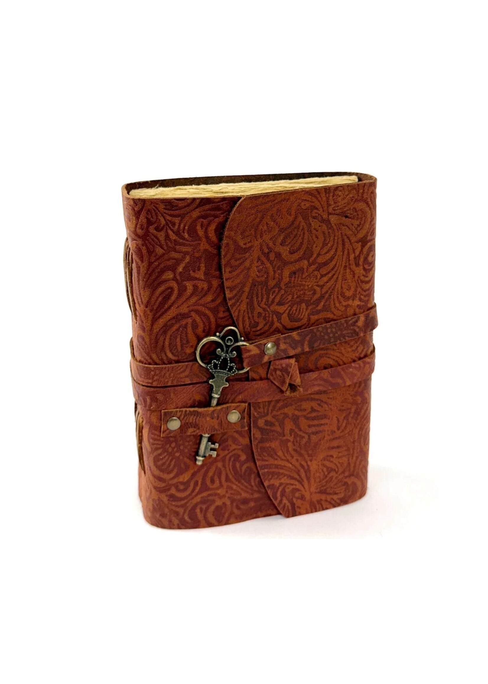 Leather Journal Notebook - Oil Tanned Rust Embossed w/ Key Vintage Deckled Edge Paper