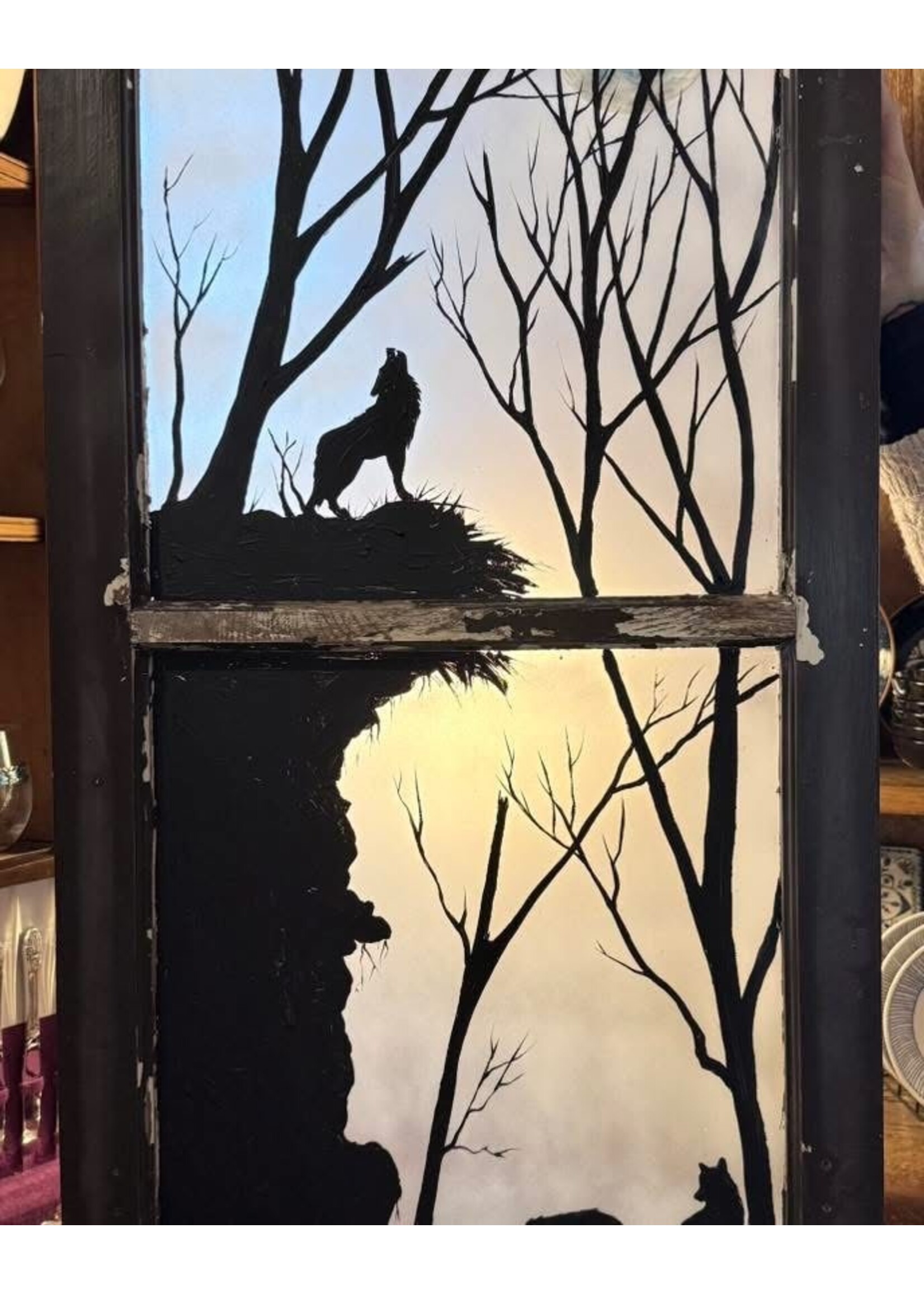 Diana Jenkins Vintage Hand Painted Window 20” x 32’ Wolf