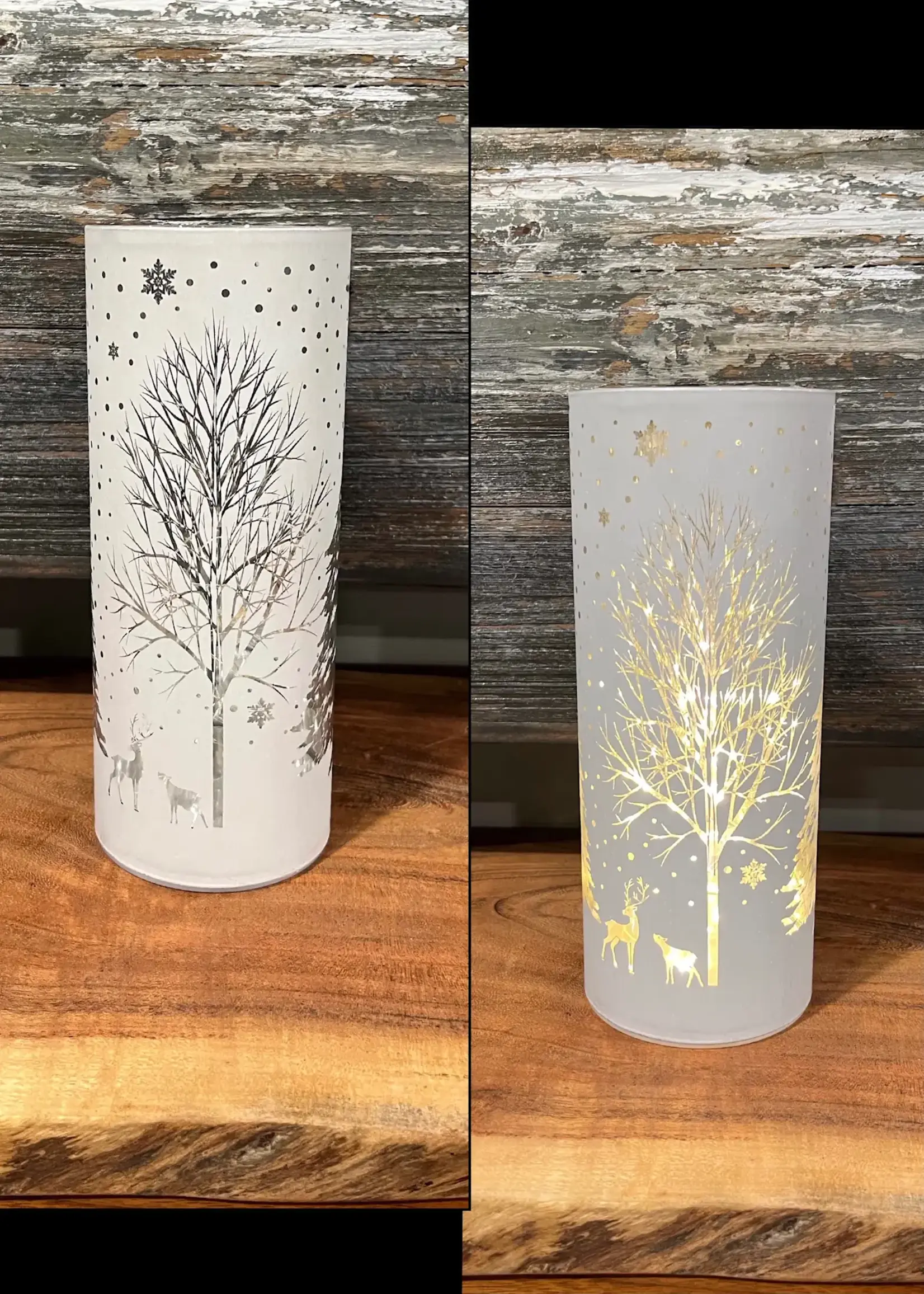 3.5"X6" MATT WHITE LED TREE W/REINDEER GLASS CYLINDER W/TIMER