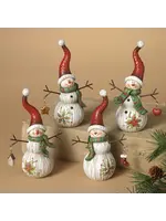 6"H RESIN WOOD LIKE HOLIDAY SNOWMAN FIGURINE WITH MINI ORNAMENTS HANGING FROM BRANCH ARMS - 4 ASSORTED