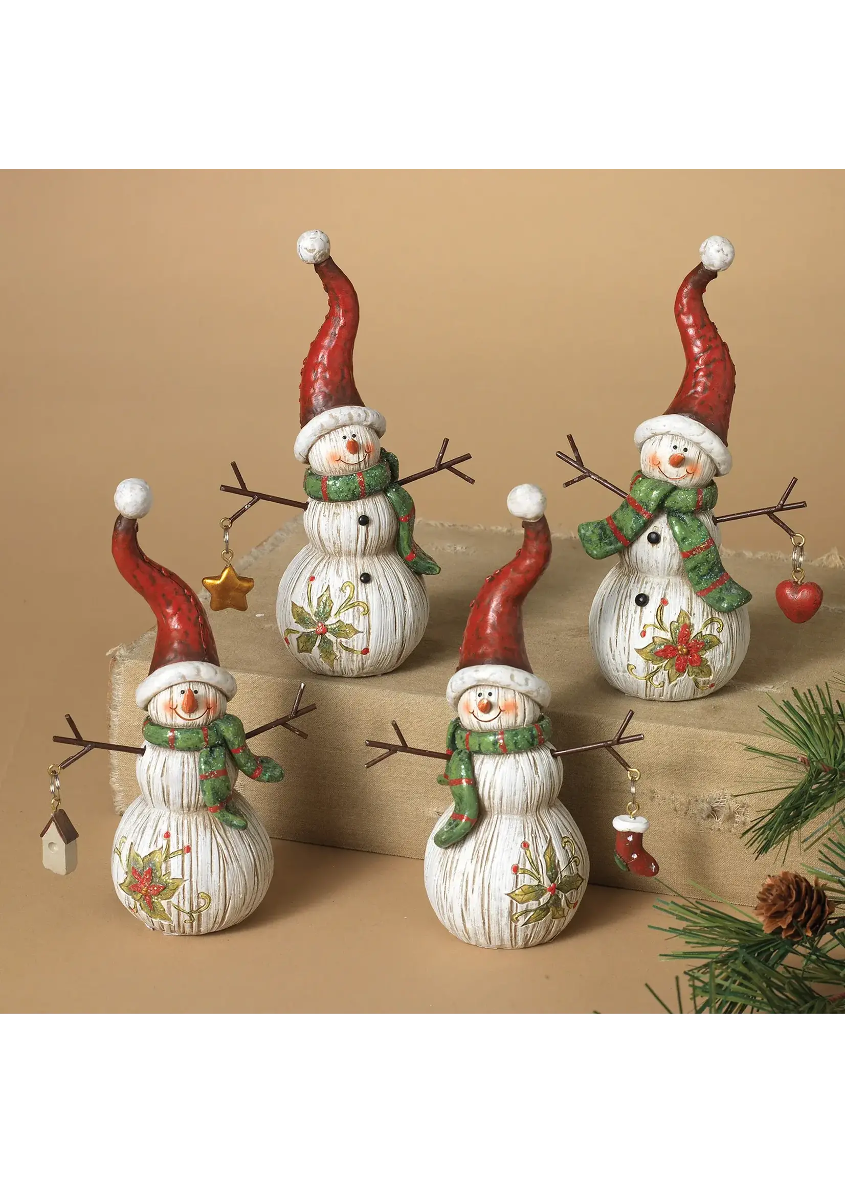 6"H RESIN WOOD LIKE HOLIDAY SNOWMAN FIGURINE WITH MINI ORNAMENTS HANGING FROM BRANCH ARMS - 4 ASSORTED