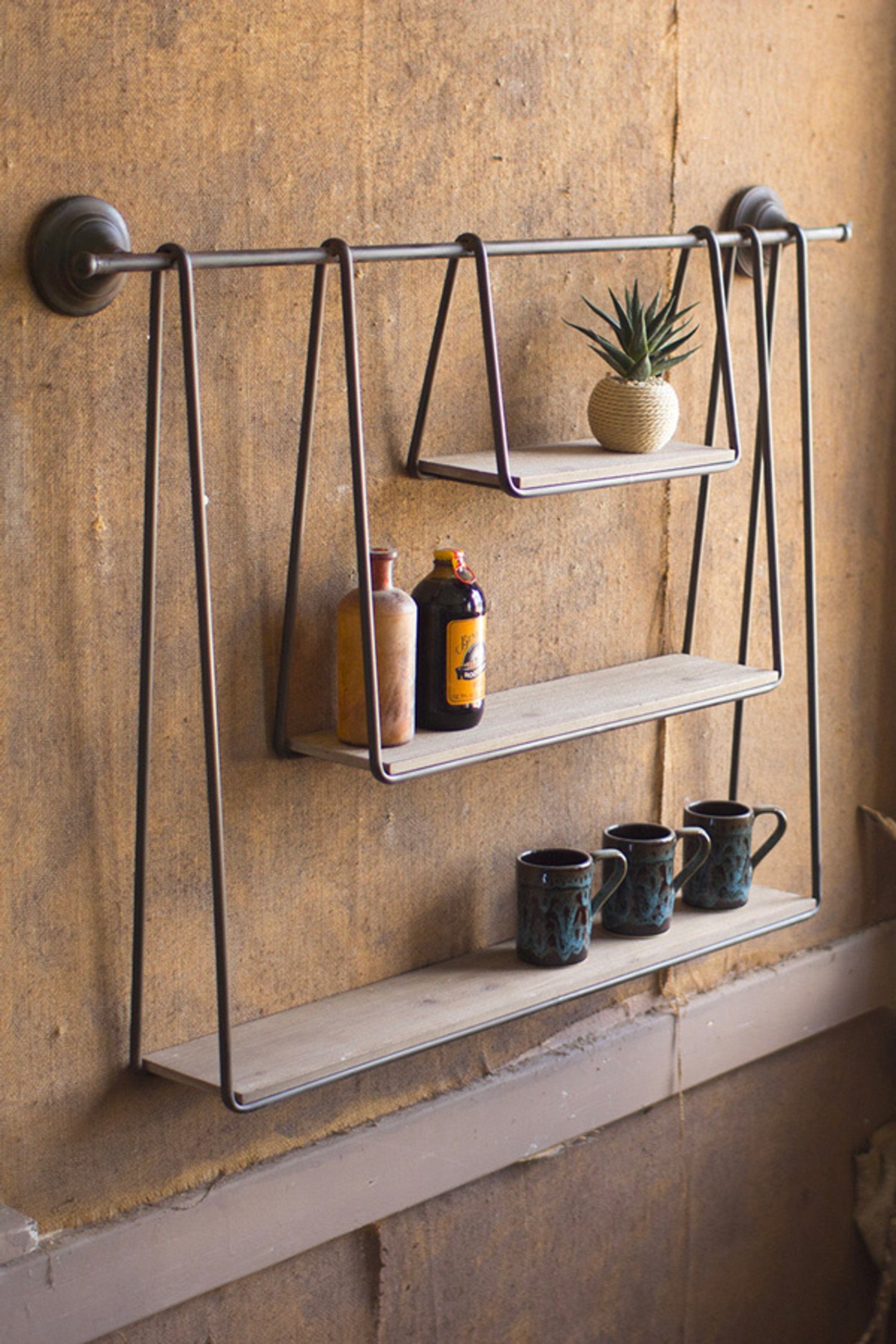 HANGING WALL SHELF WOOD AND METAL TRIPLE SHELF Su Casa