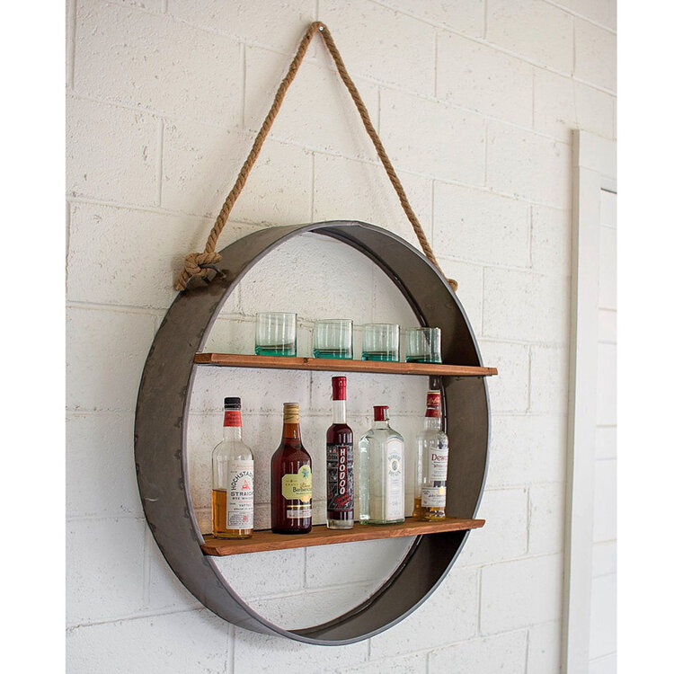 METAL & WOOD WITH ROPE HANGING WALL SHELF