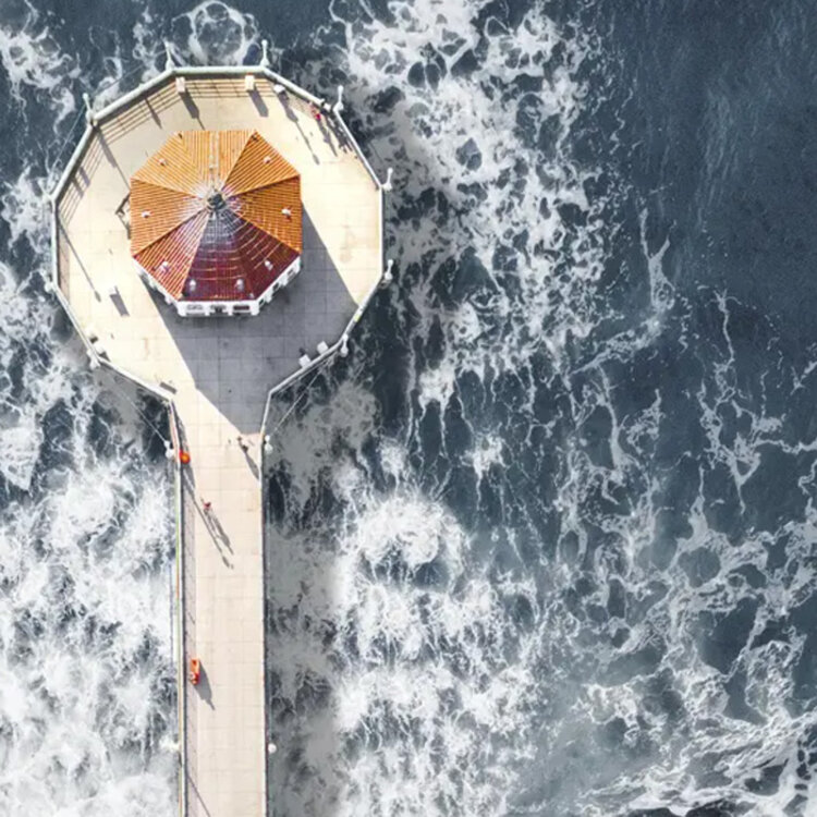 PIER FROM ABOVE FRAMED PRINTS