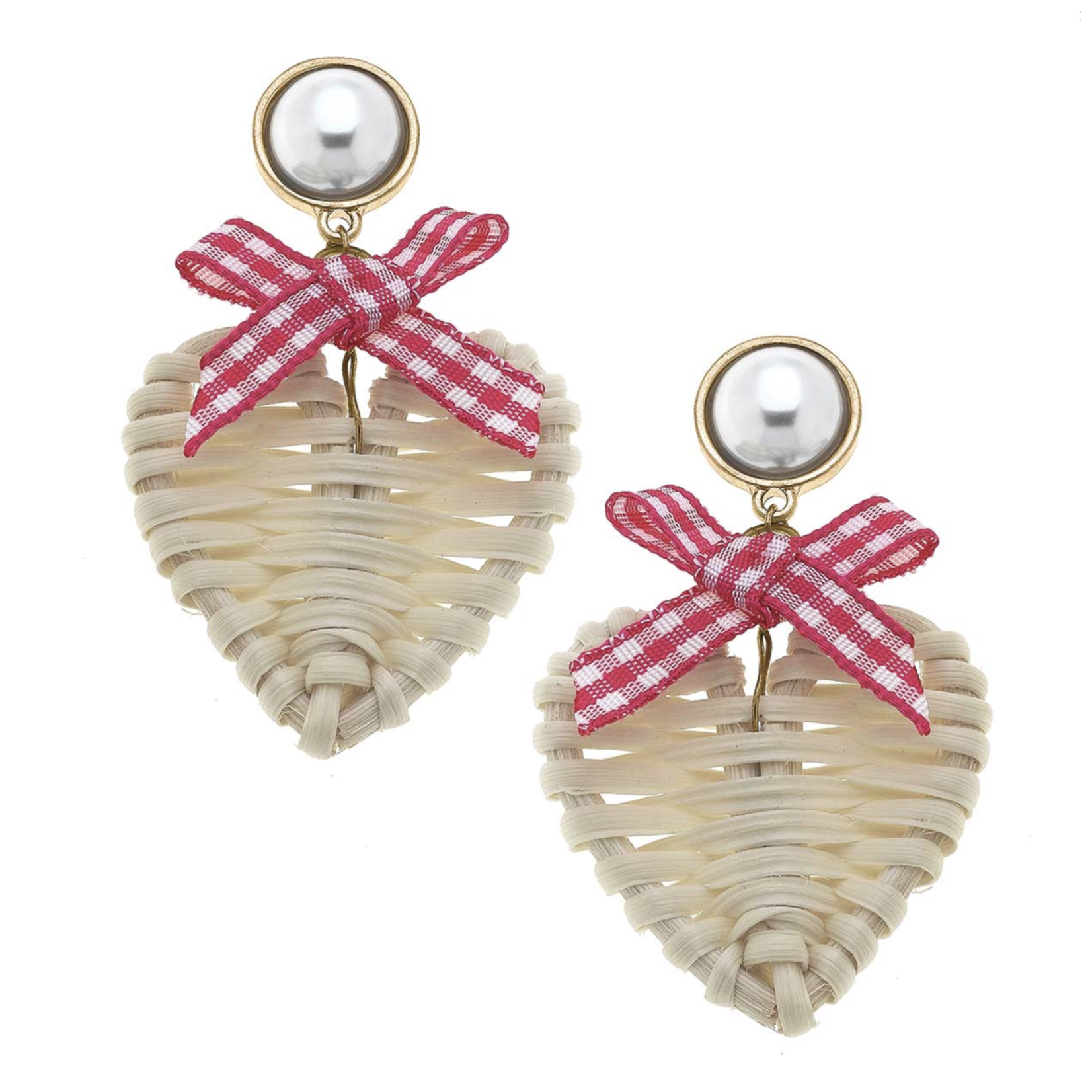 Piper Rattan & Gingham Heart Drop Earrings