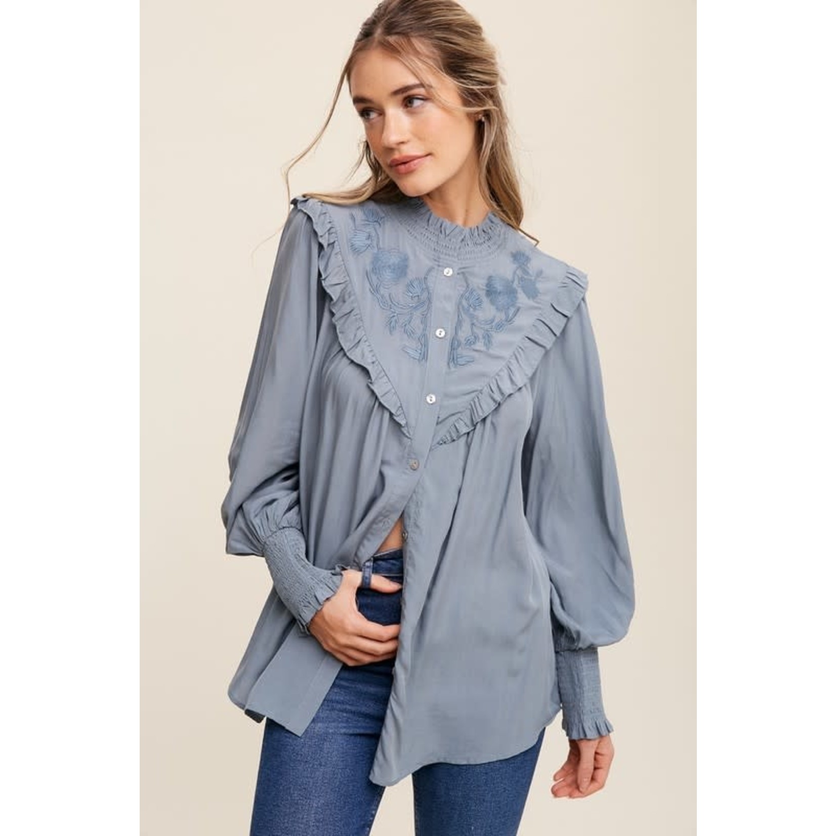 Flower Embroidered Ruffle Button Down