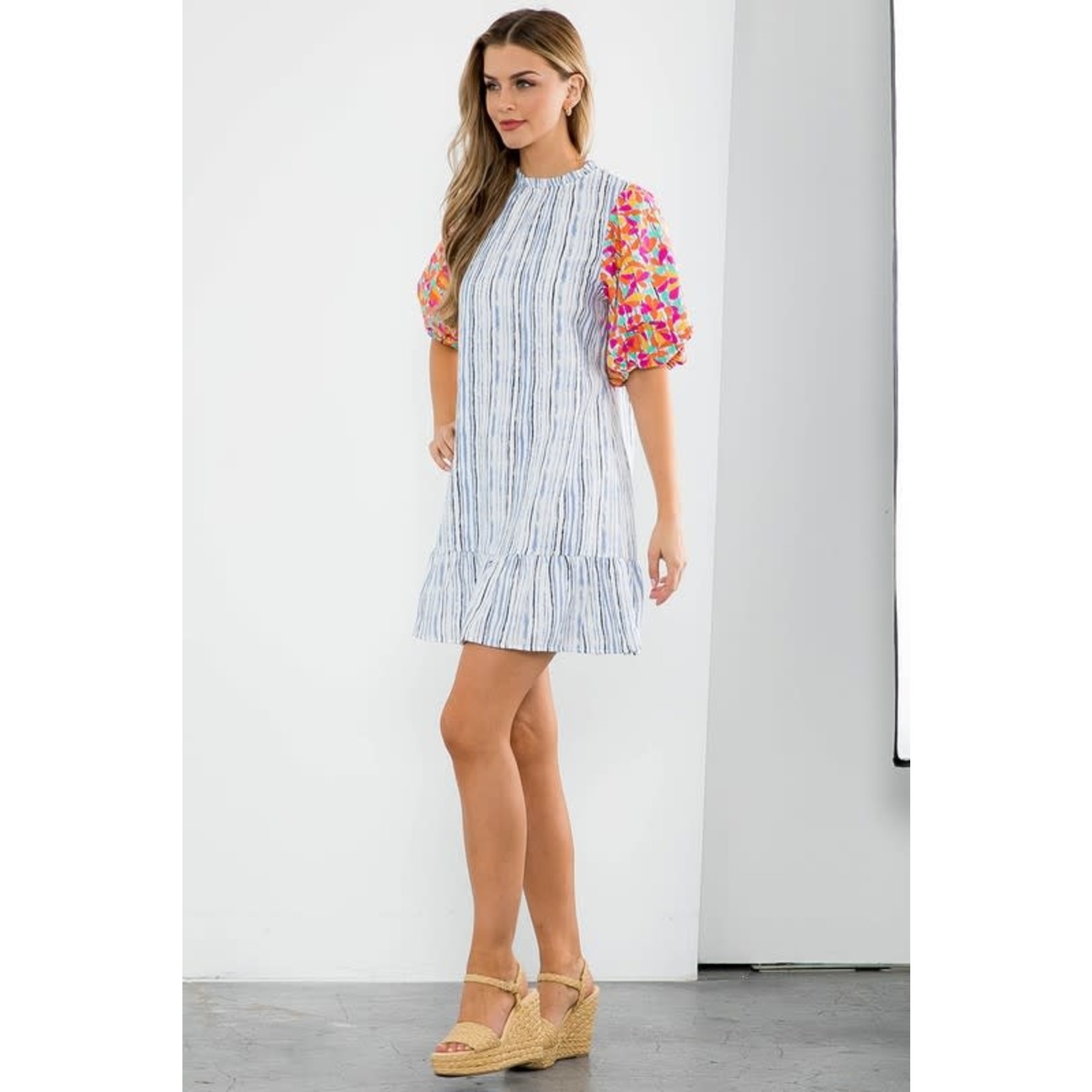 Embroidered Puff Sleeve Stripe Dress