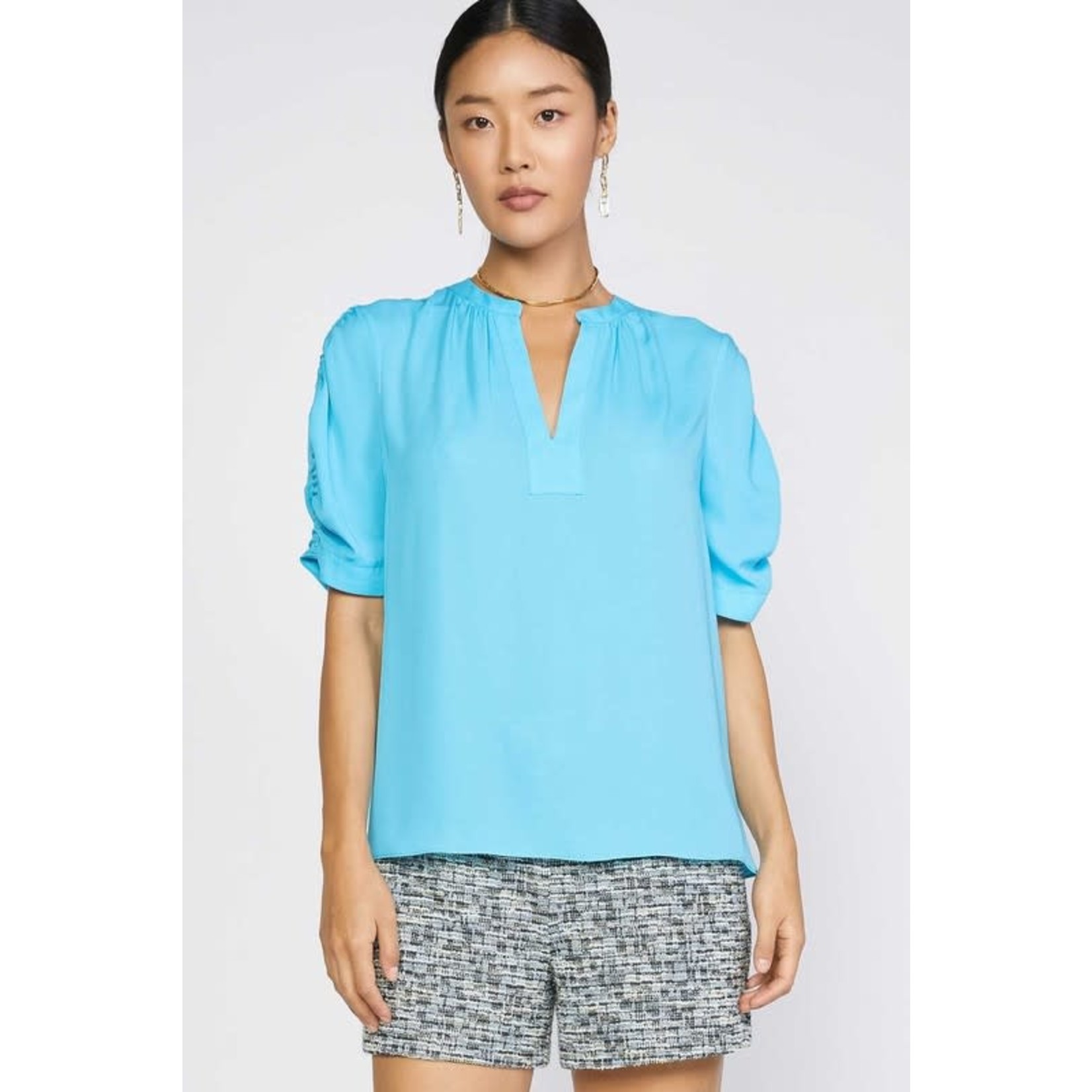 Split Neck Blouse Shirred Detail Neon Blue