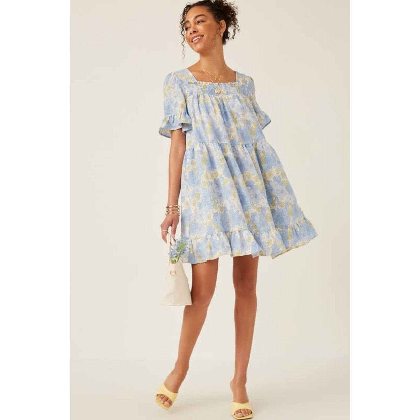 The Goodie Edit Textured Floral Smocked Square Neck Dress