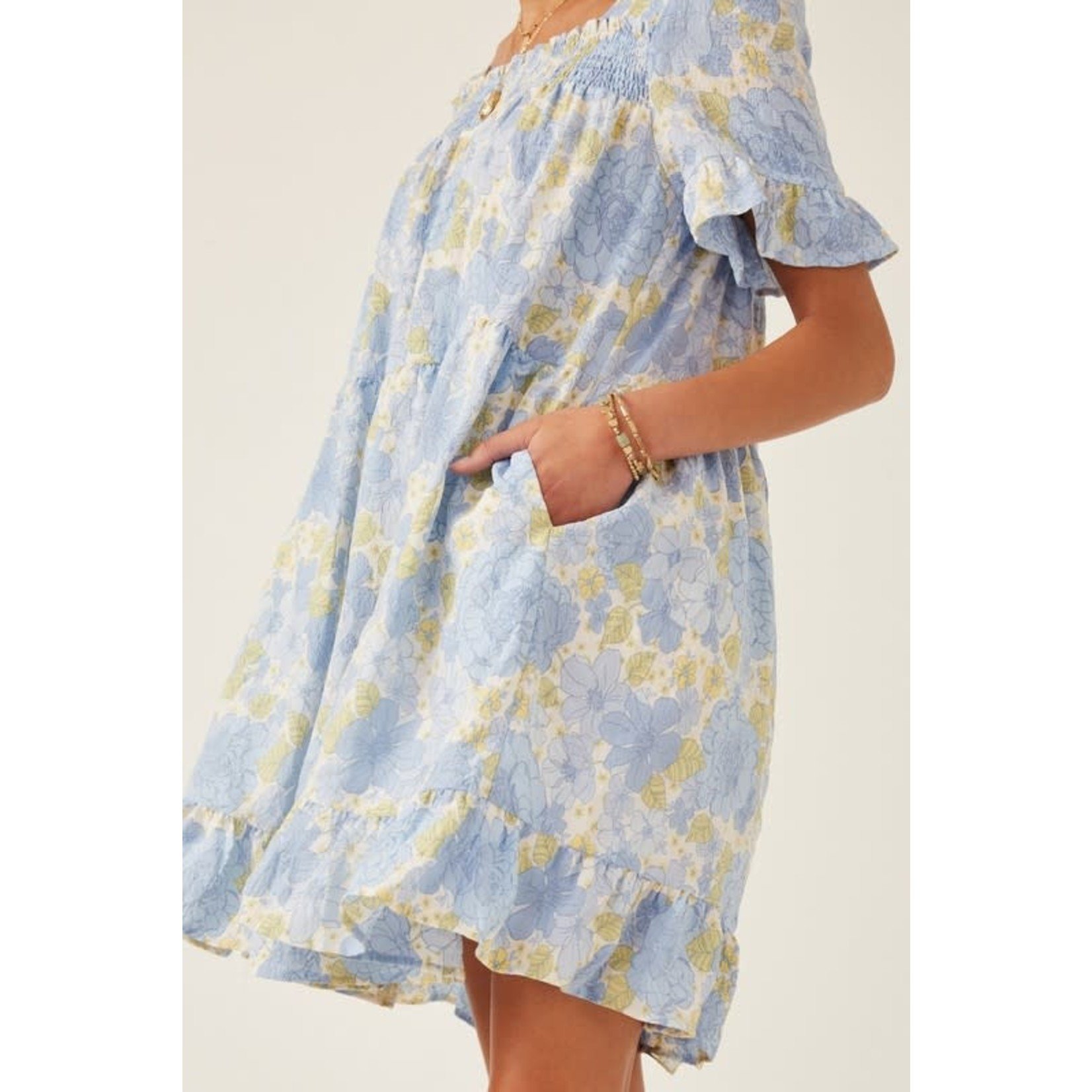 The Goodie Edit Textured Floral Smocked Square Neck Dress