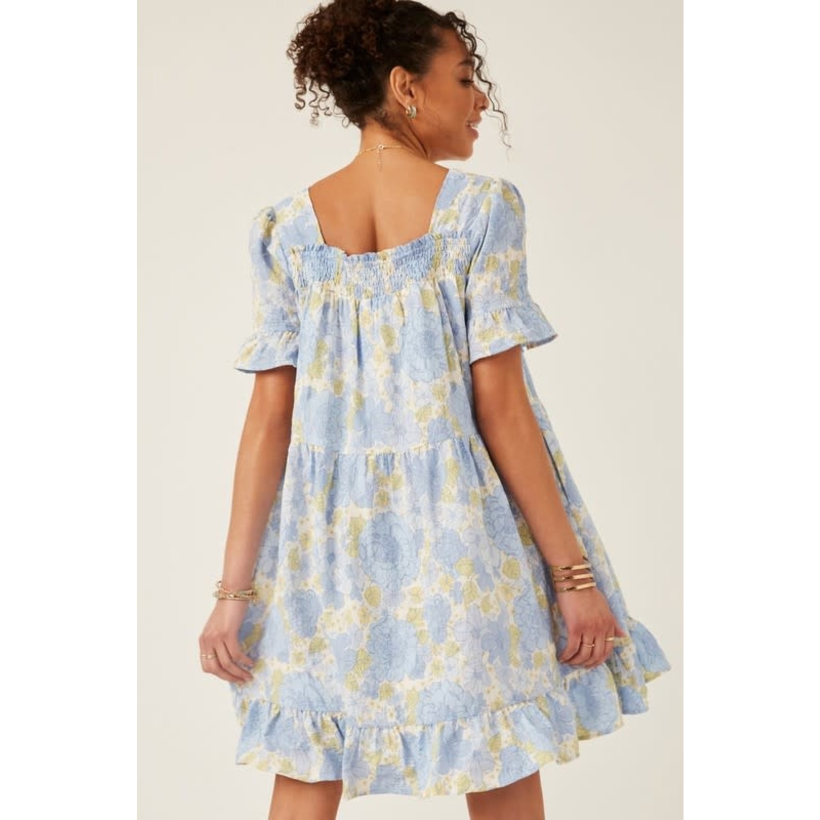 The Goodie Edit Textured Floral Smocked Square Neck Dress