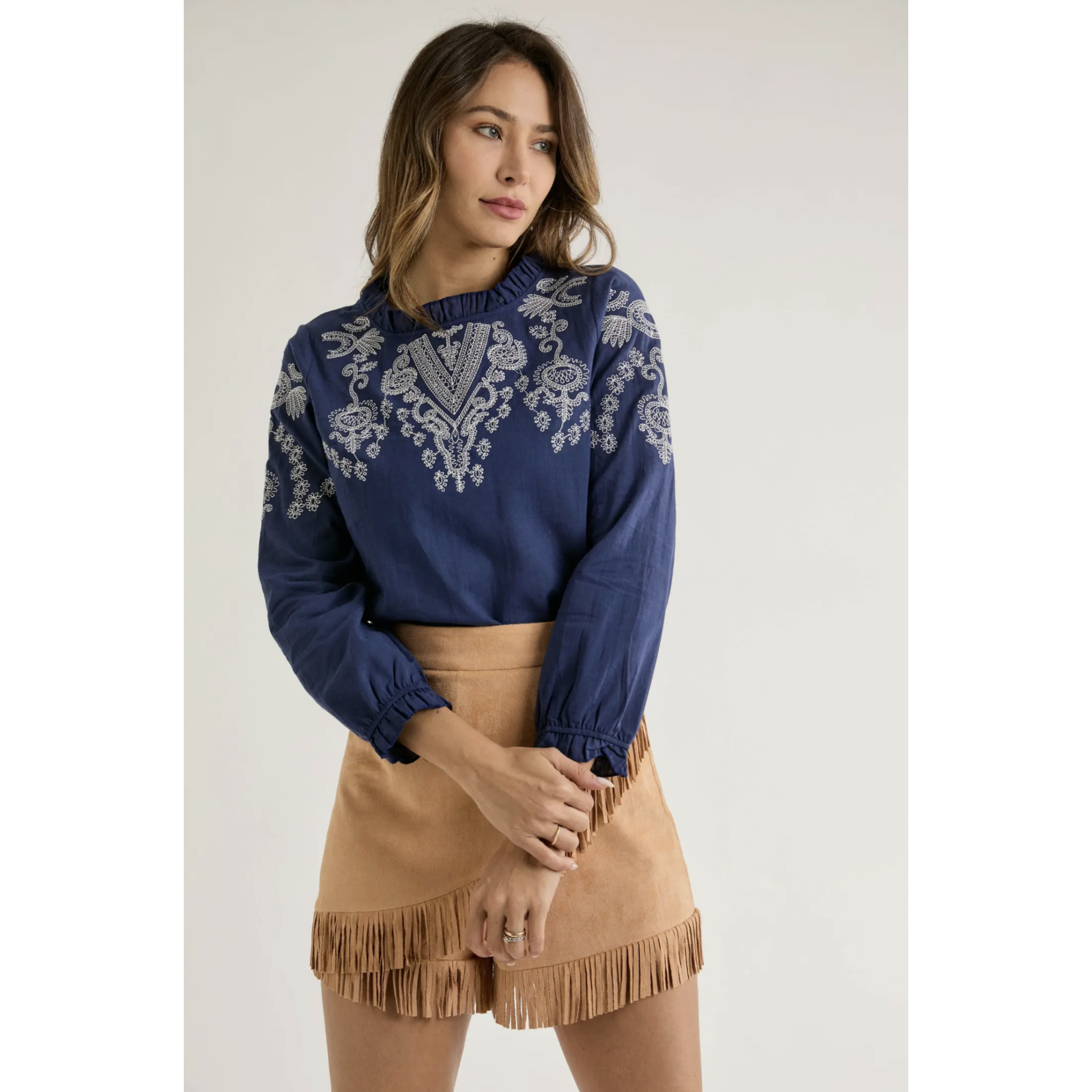 The Goodie Edit EMBROIDERY DETAIL WITH RUFFLE NECK AND LONG SLEEVE TOP  Navy