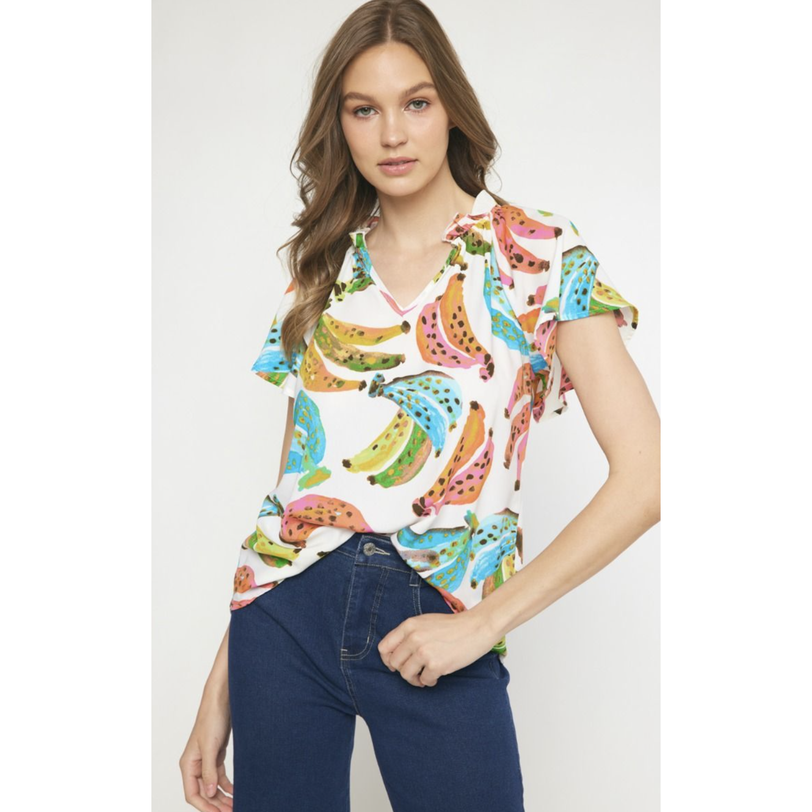 Banana print v neck top