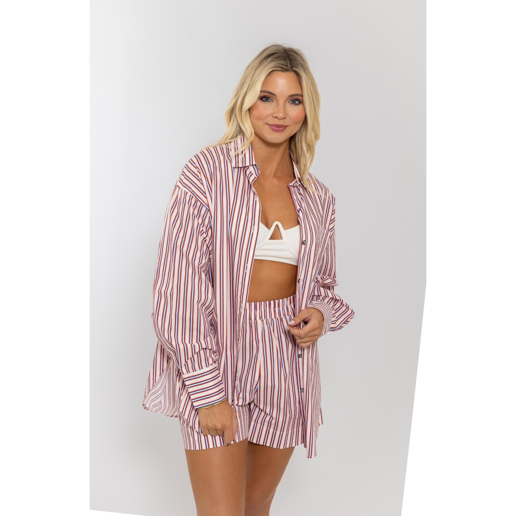 Stripe poplin button up pocket top