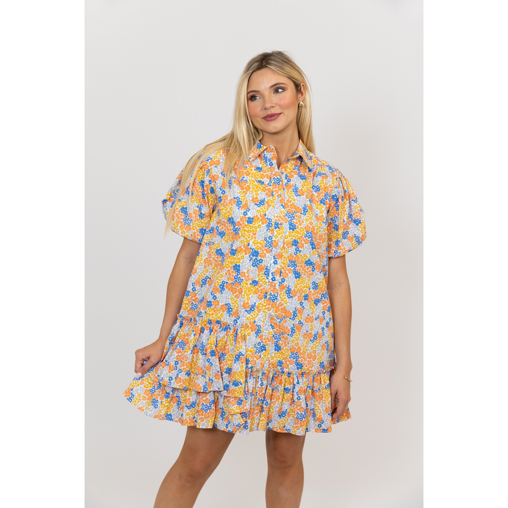 Ditzy Floral Poplin Ruffle Bottom Puff Slv Dress