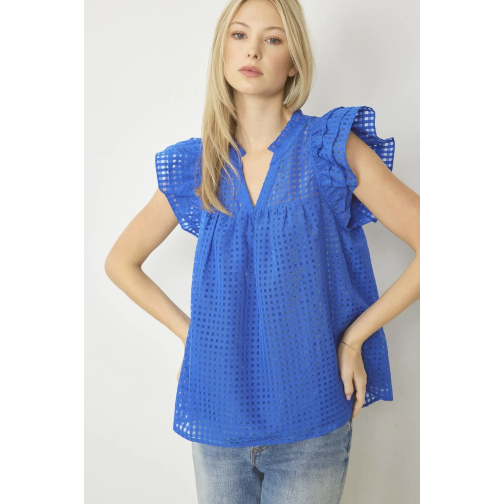 grid print ruffle sleeve top