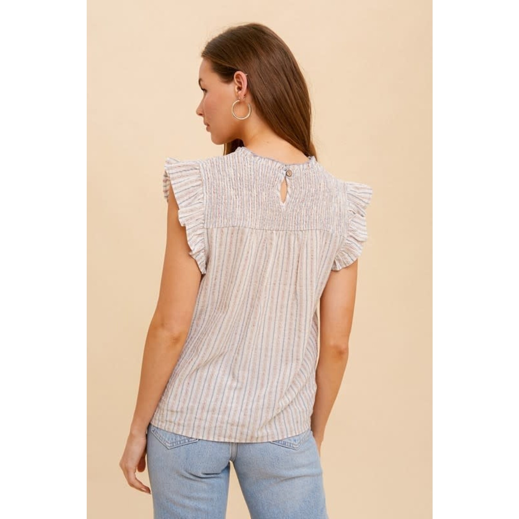 Stripe ruffle smocked sleeveless blouse