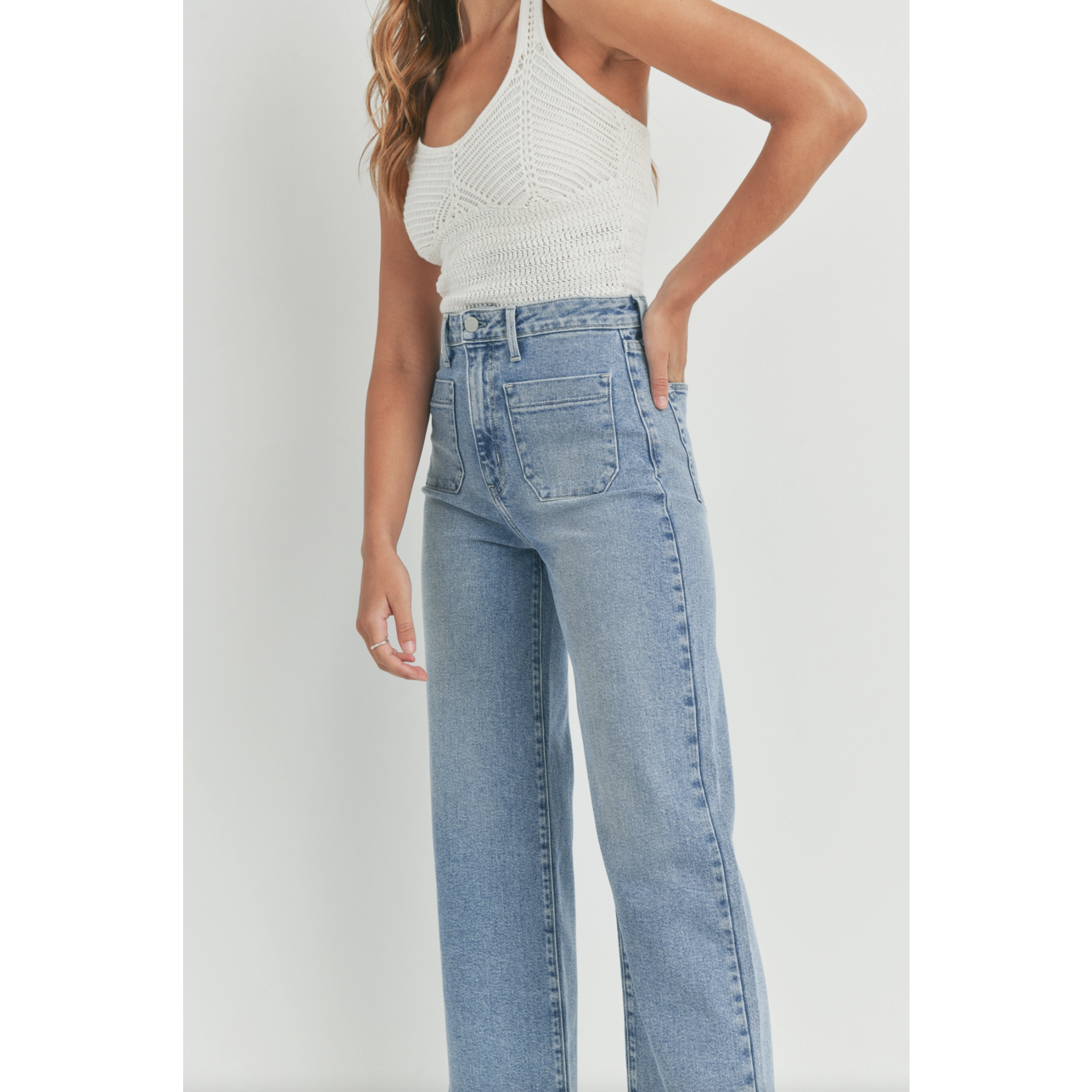 Patch pocket wide leg denim