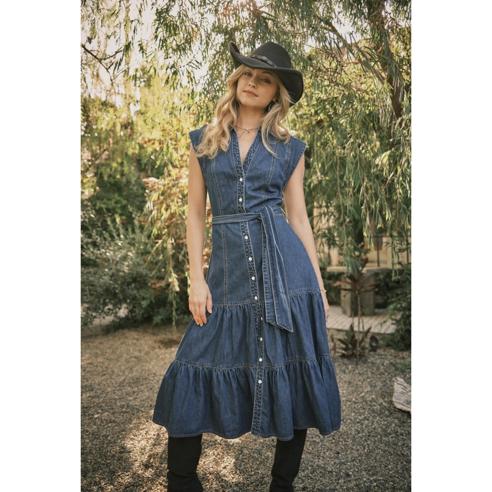 Belted denim midi dress
