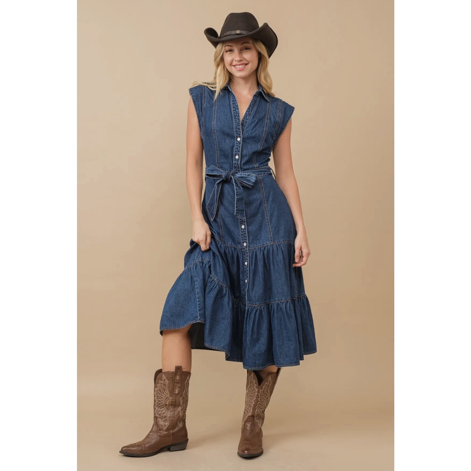 Belted denim midi dress