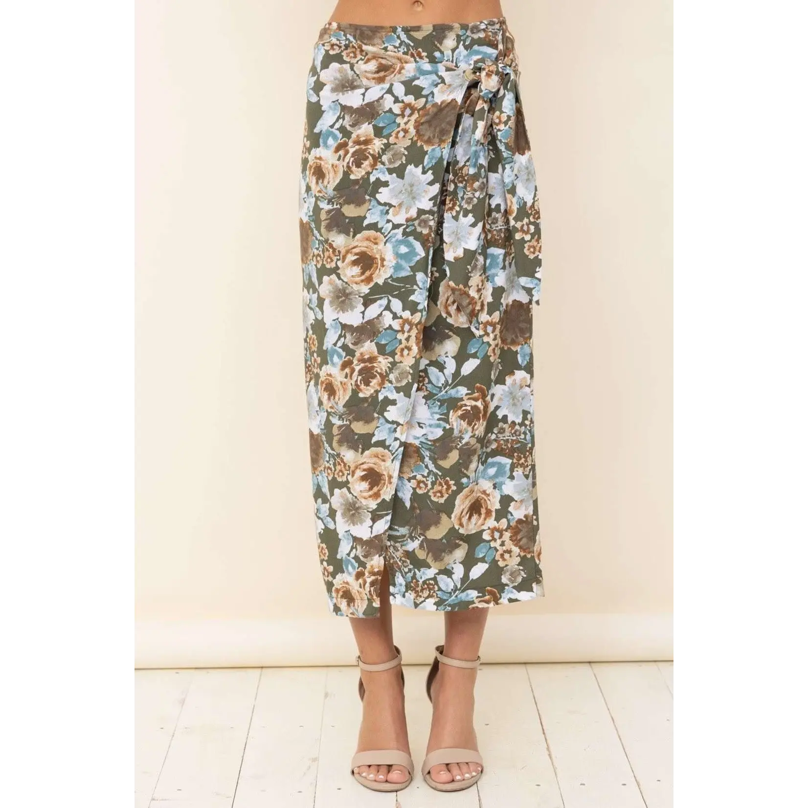 Olive floral maxi skirt with tie