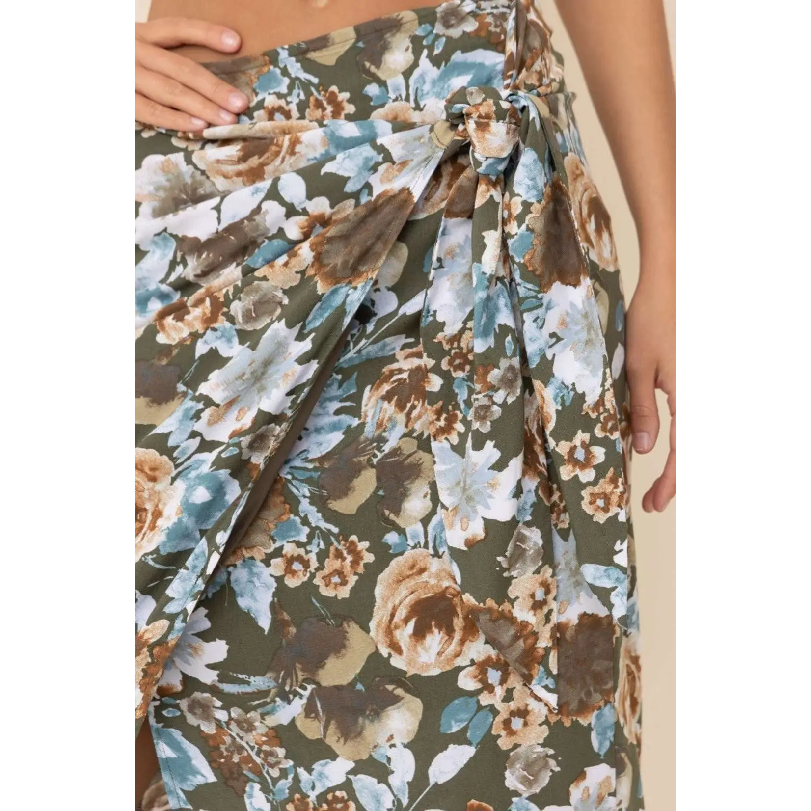 Olive floral maxi skirt with tie