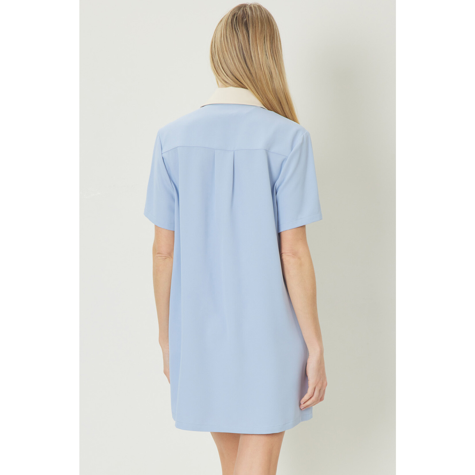 Faux Leather Detail Blue Shirt Dress