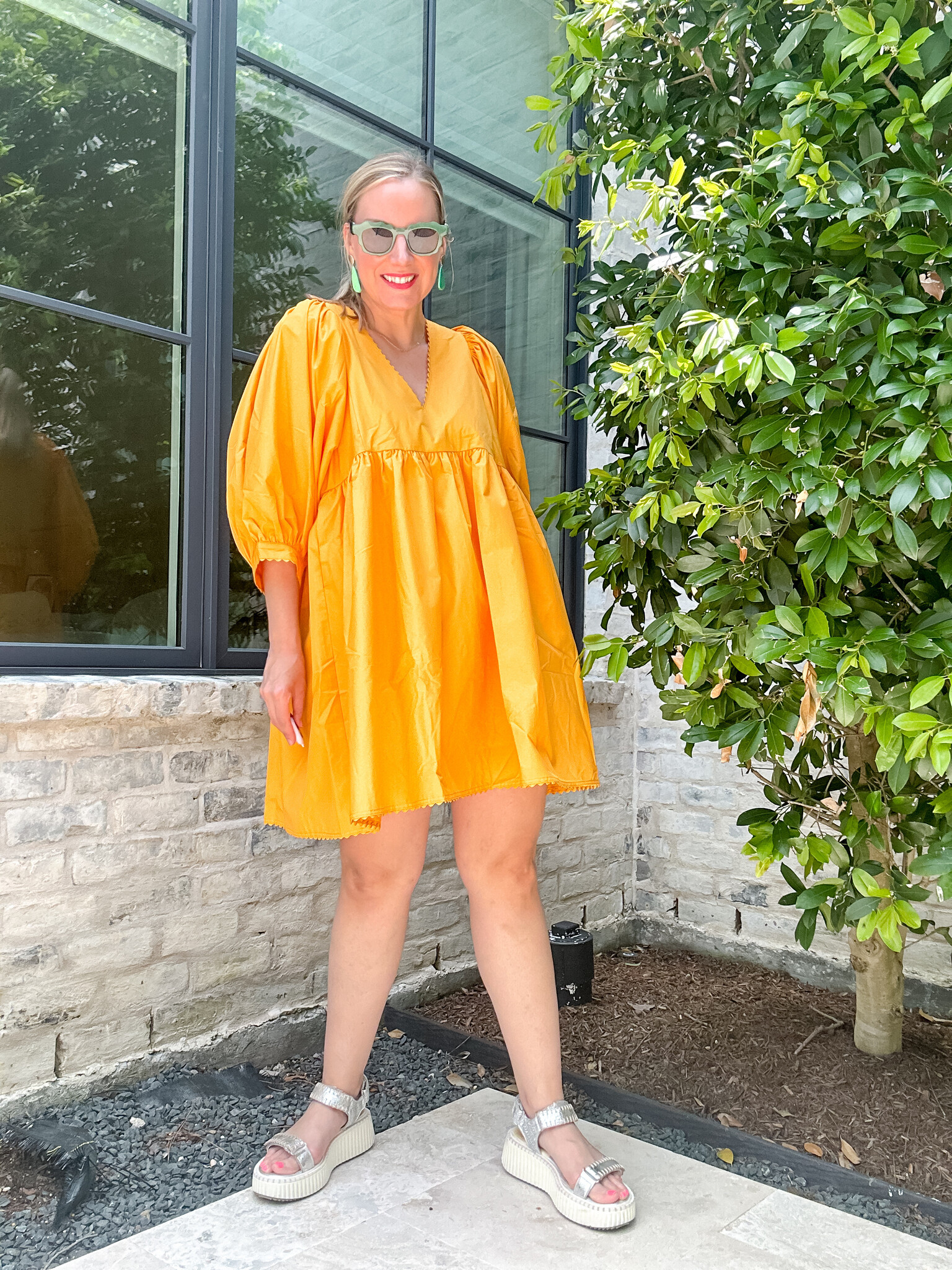 Sunflower Symphony Interlocking Straps & Bell Sleeve Dress