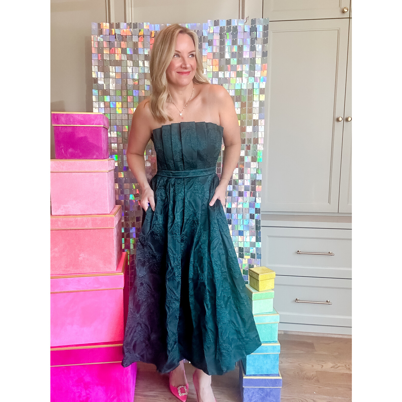 Green Jaquard Pleated Strapless Dress