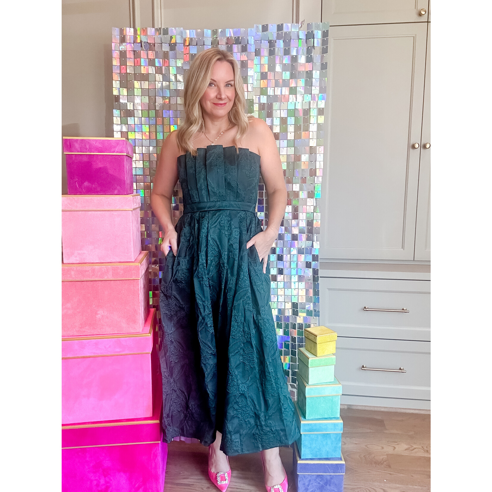 Green Jaquard Pleated Strapless Dress