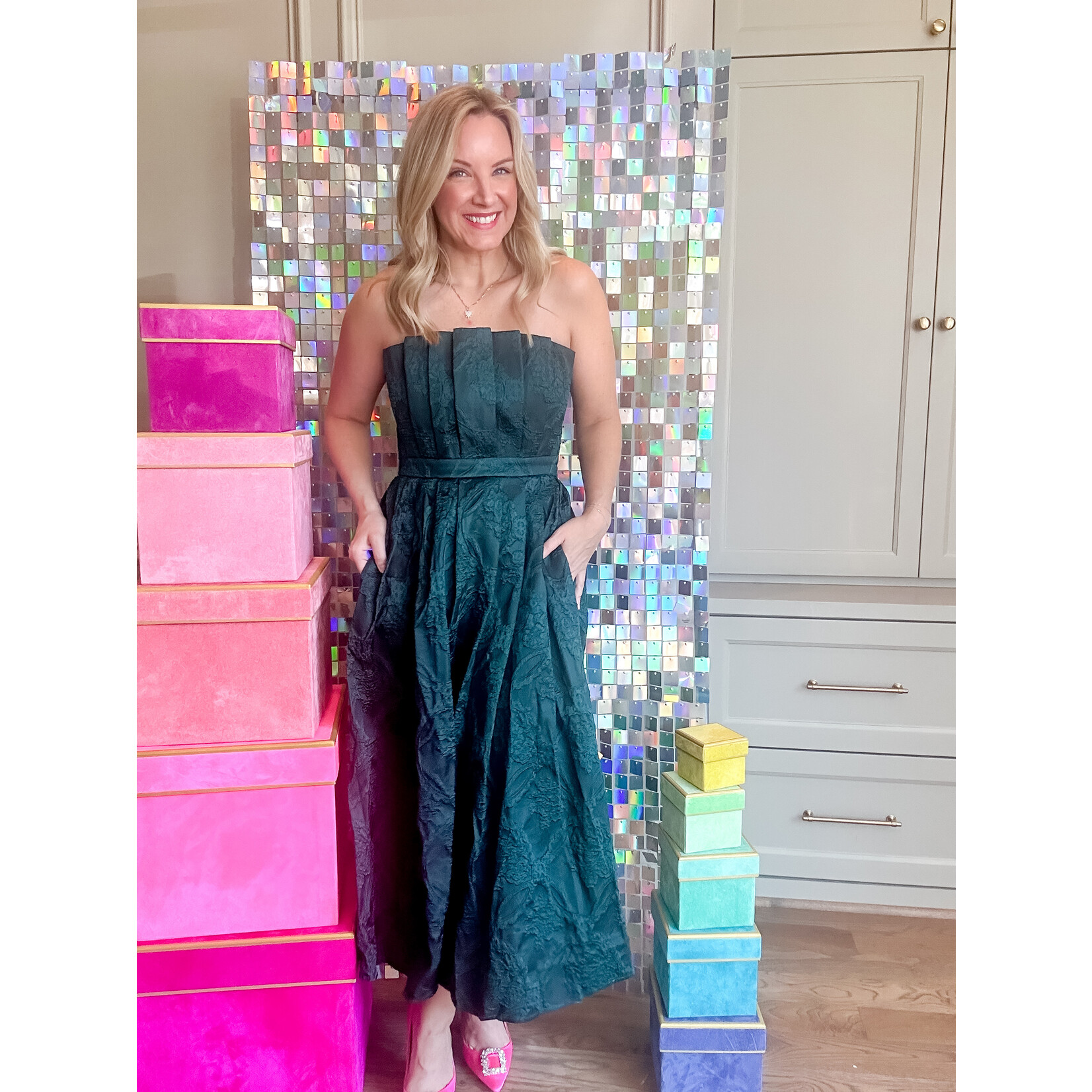 Green Jaquard Pleated Strapless Dress
