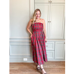 Red Plaid Pleated Strapless Dress