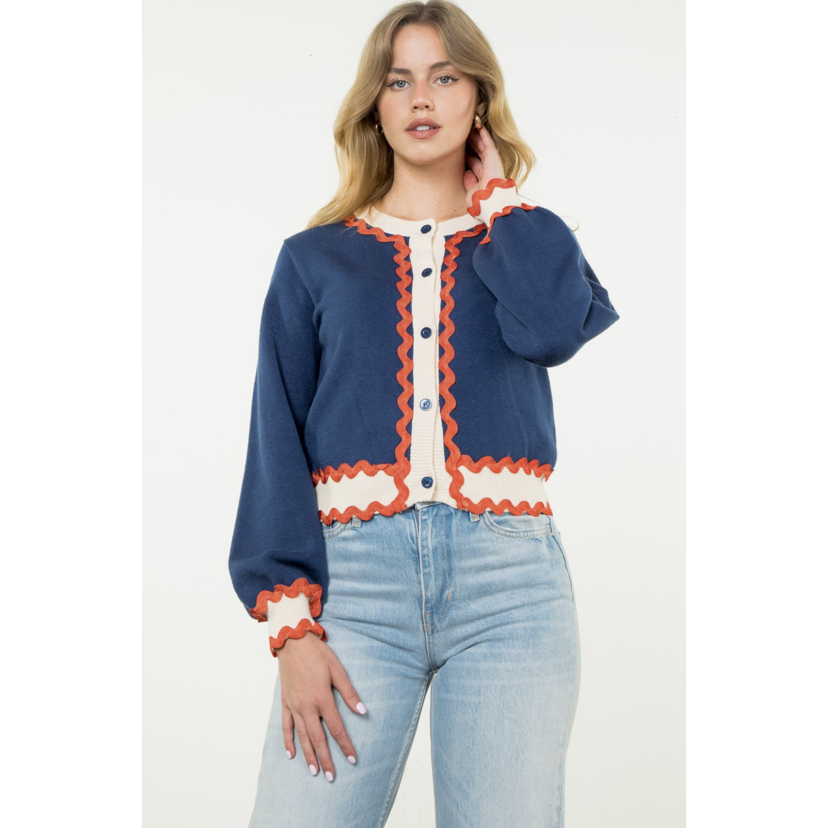 Navy Button Up Ric Rac Cardigan