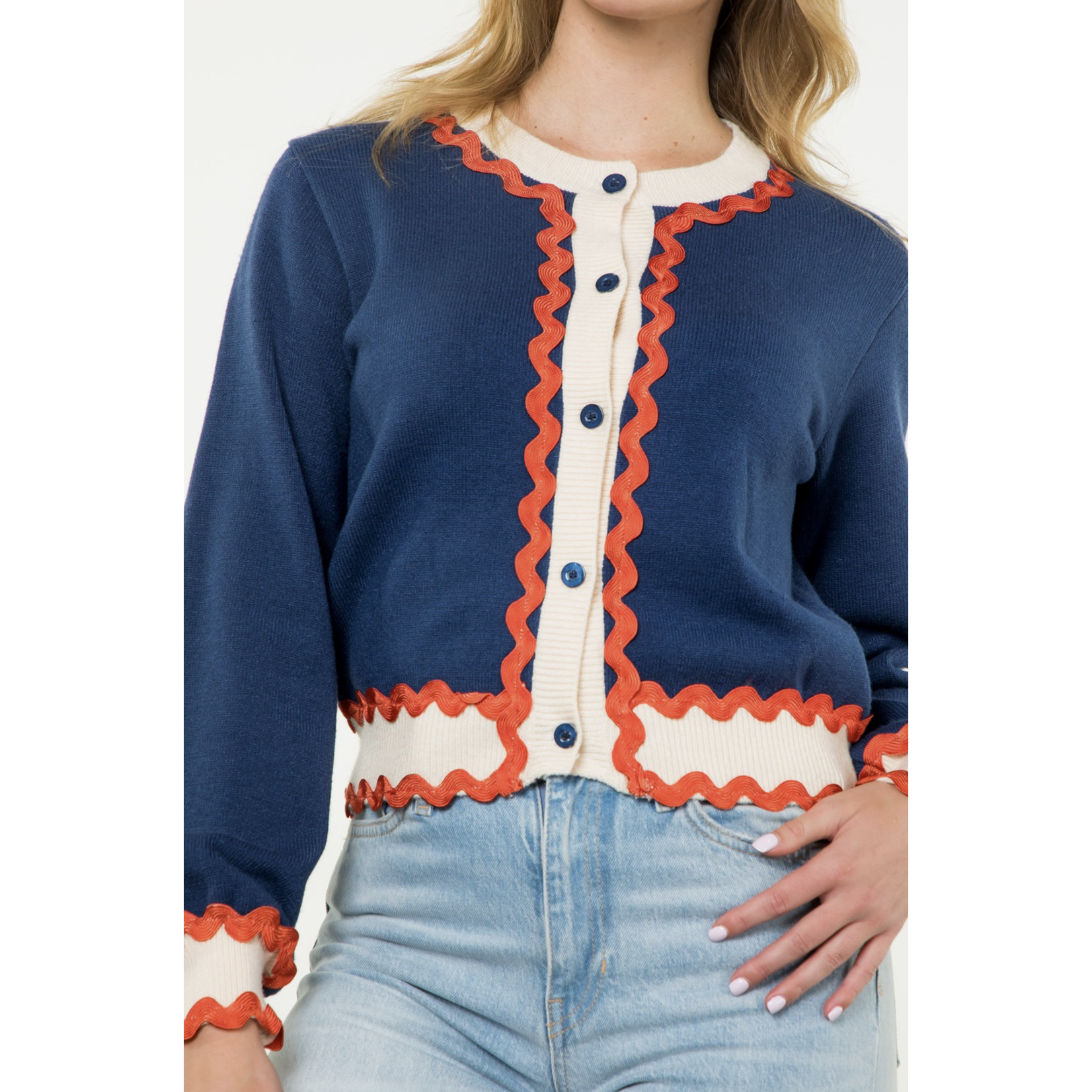 Navy Button Up Ric Rac Cardigan