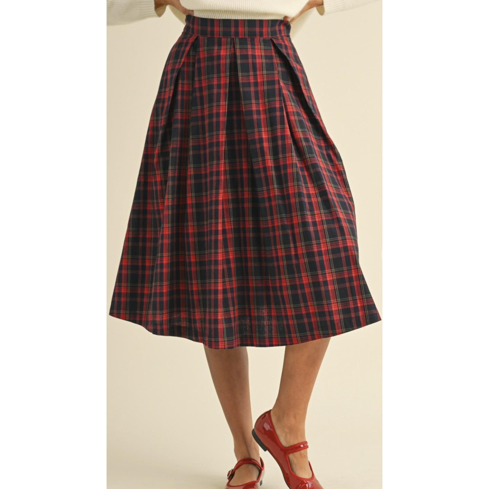 Plaid Box Pleat Midi Skirt