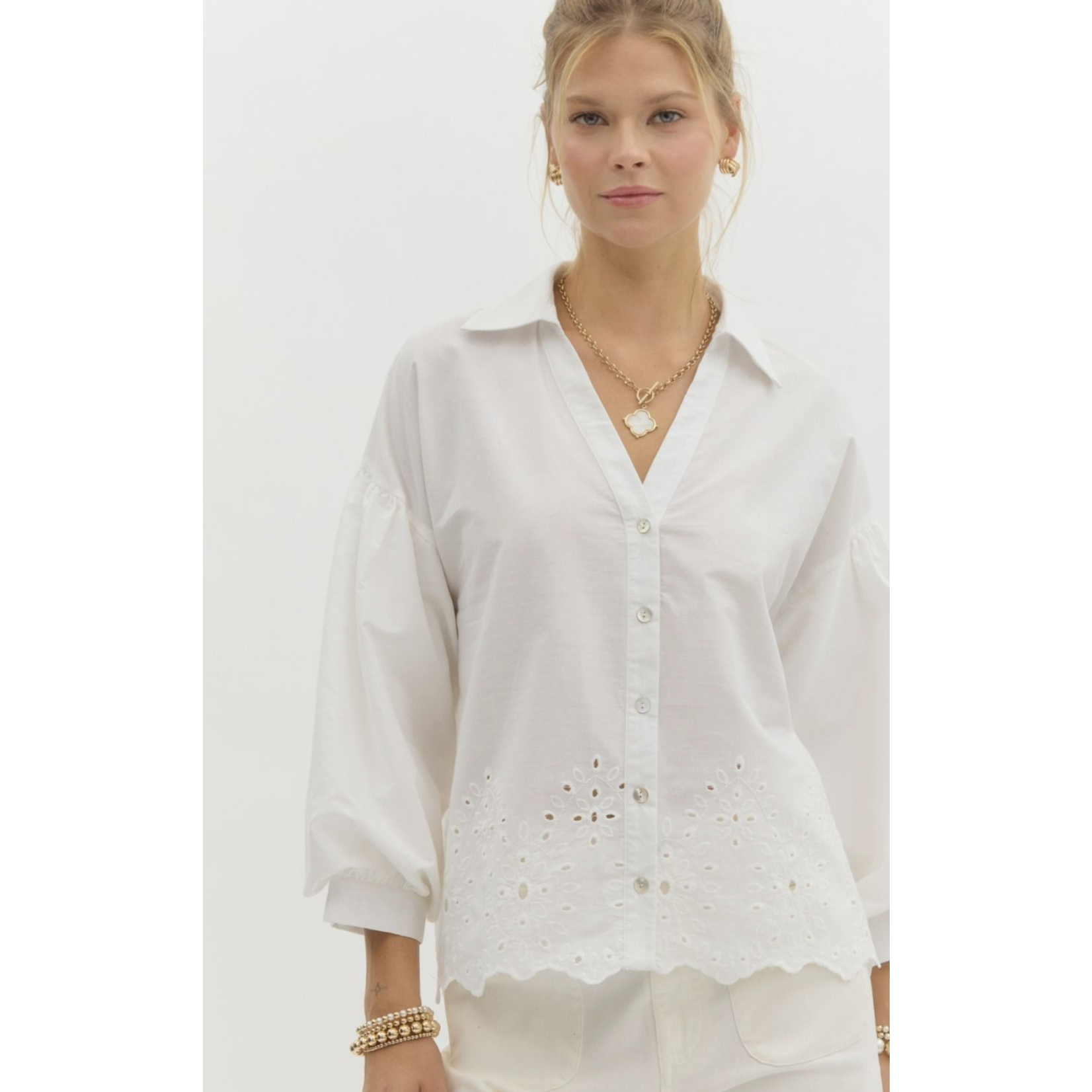 Eyelet Embroidered Button Blouse