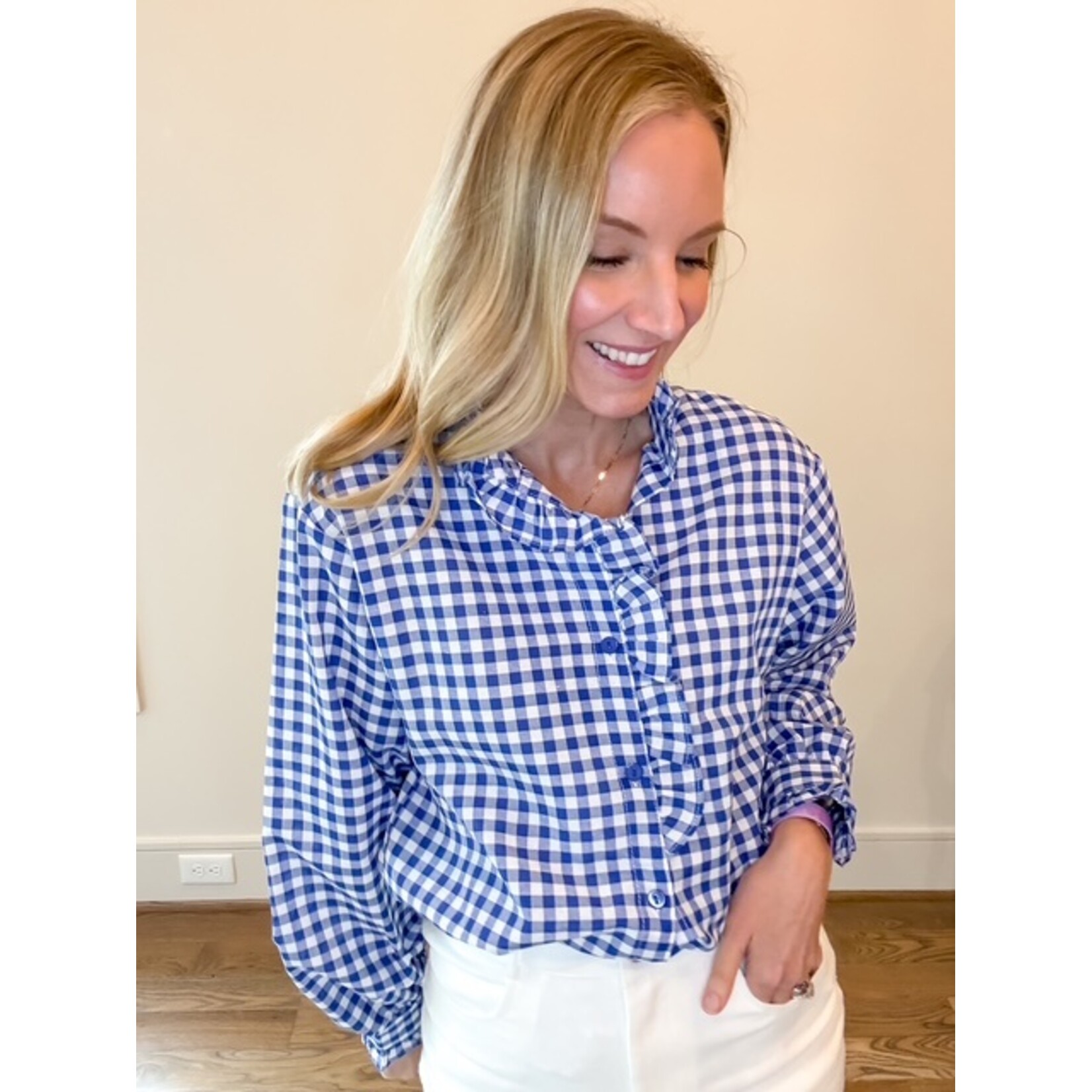 Gingham Ruffle Button Down