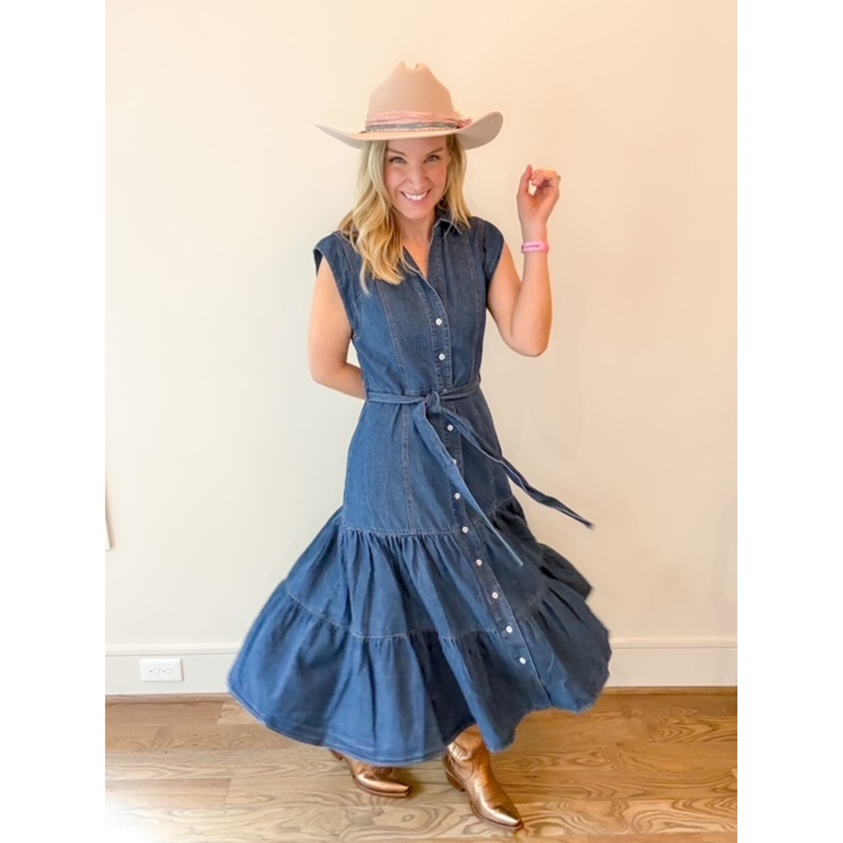 Belted denim midi dress