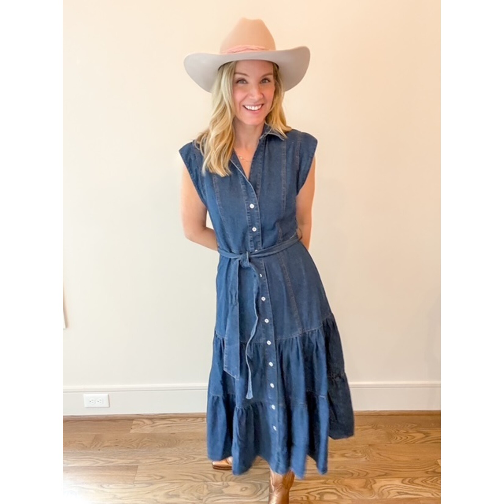 Belted denim midi dress