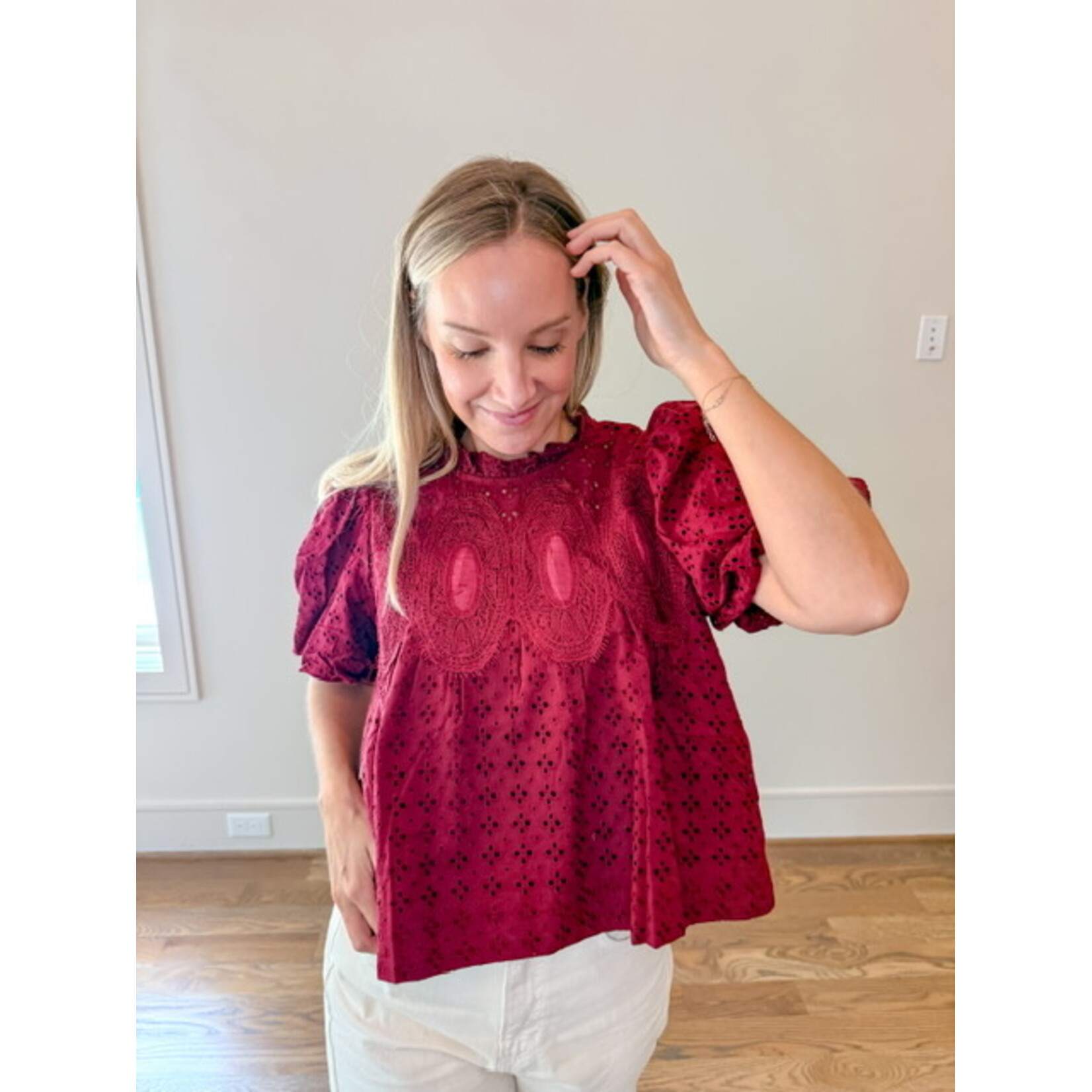 Penelope Lace Trim Top Merlot